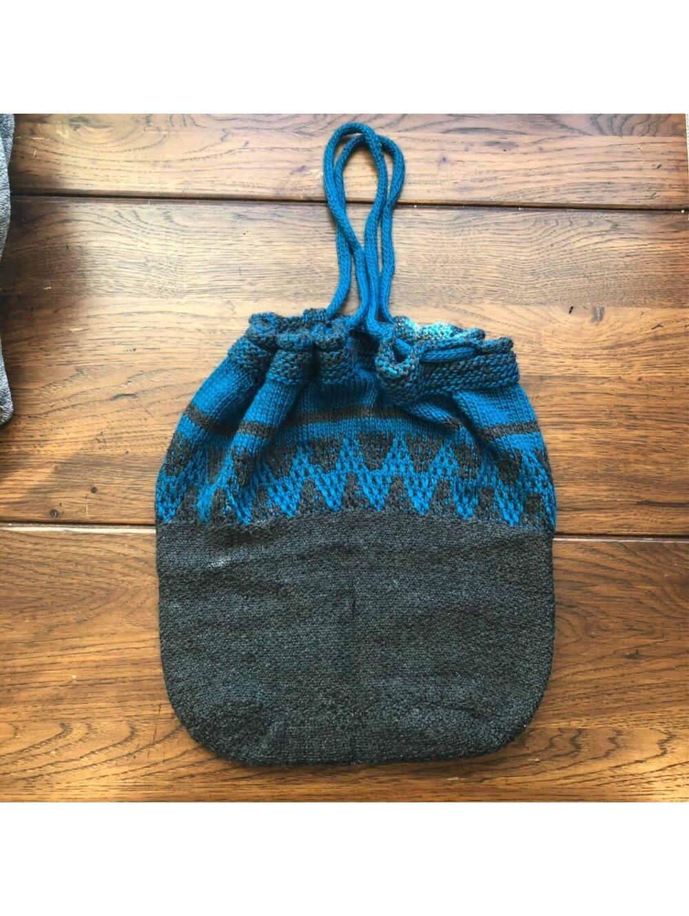 Handmade Crochet Drawstring Bag Grey/Teal